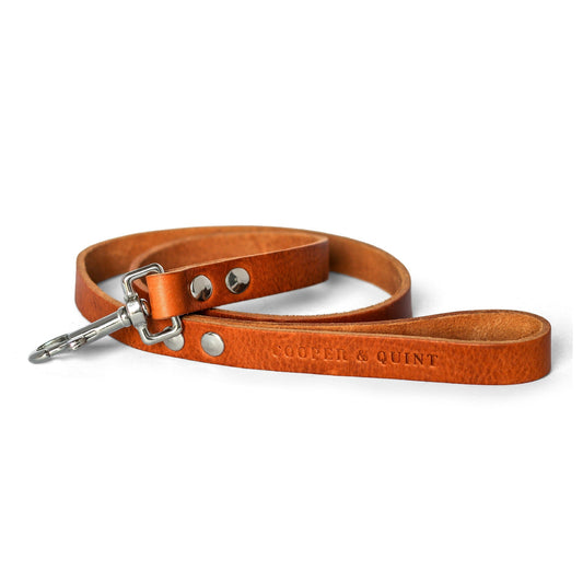 Camel-colored No Fuss leather dog leash with silver musketon by Cooper & Quint, made of durable Italian leather.