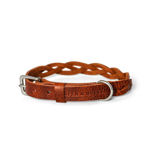 Brown twisted leather dog collar with silver buckle and D-ring, handcrafted with Italian plant-tanned leather for an elegant look