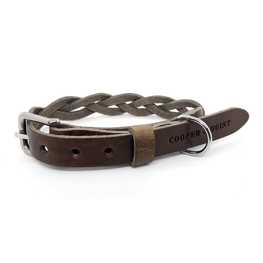 Twisted Stone braided leather dog collar with metal buckle and D-ring by Cooper & Quint