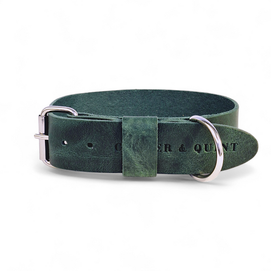 Wide green leather dog collar made from durable Italian vegetable-tanned leather with sturdy metal buckle and D-ring