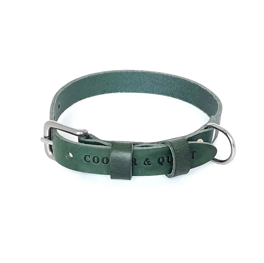 Green Double Trouble halsband leather dog collar with silver hardware by Cooper & Quint