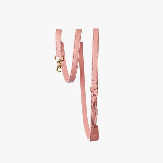 Pink luxury leather dog leash with gold hardware, stylish and durable for fashionable walks.