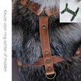 Afbeelding geladen in Galerij-viewer, Brown leather Y-Tuig No Fuss dog harness on a gray furry dog with green Y-shaped harness inset image