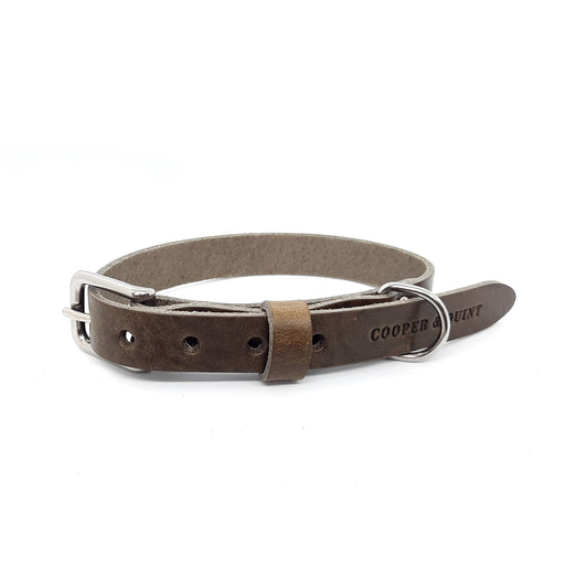 No Fuss Stone eco-friendly Italian leather dog collar with metal buckle and adjustable strap