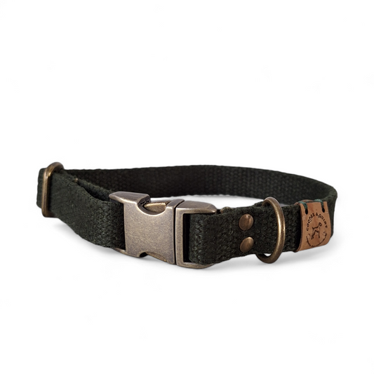 Durable green Halsband Simply Hemp dog collar made from European hemp with metal buckle and D-ring, eco-friendly and machine washable.