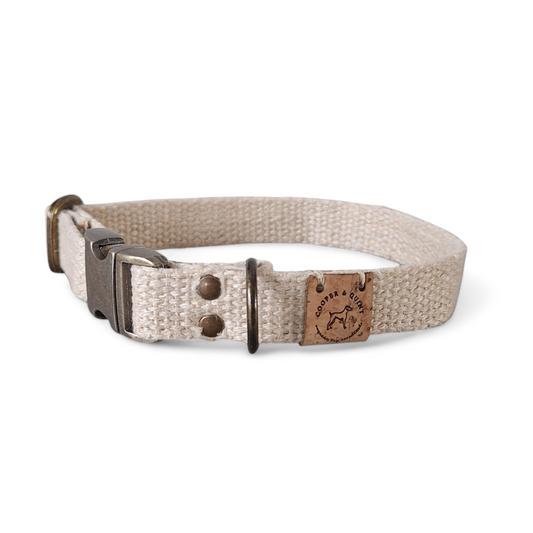 Durable environmentally friendly Simply Hemp dog collar in shell white with metal hardware and adjustable buckle.