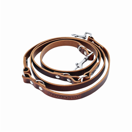 Adjustable brown leather dog leash Hondenriem Switch Verstelbaar with metal clasps and integrated rings for length adjustment
