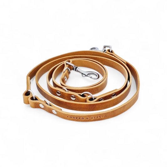 Adjustable camel-colored leather dog leash Hondenriem Switch Verstelbaar with metal clips and multiple rings for length adjustment