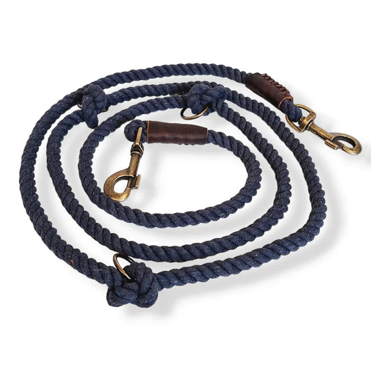 Midnight blue twisted cotton dog leash with adjustable length and brass hooks