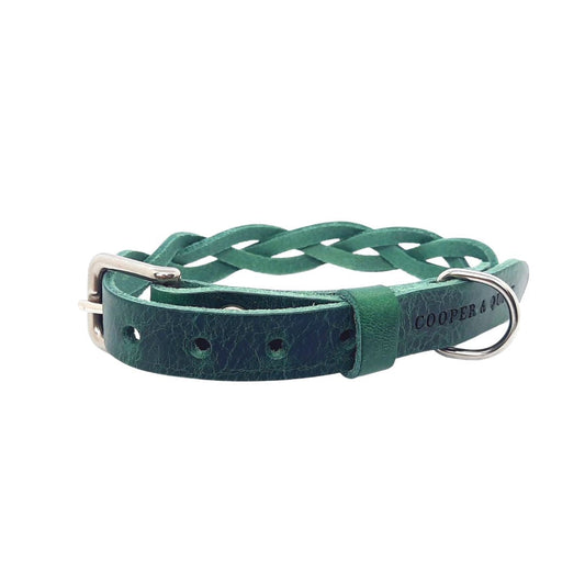 Green twisted leather dog collar with metal buckle and D-ring, handcrafted and eco-friendly.