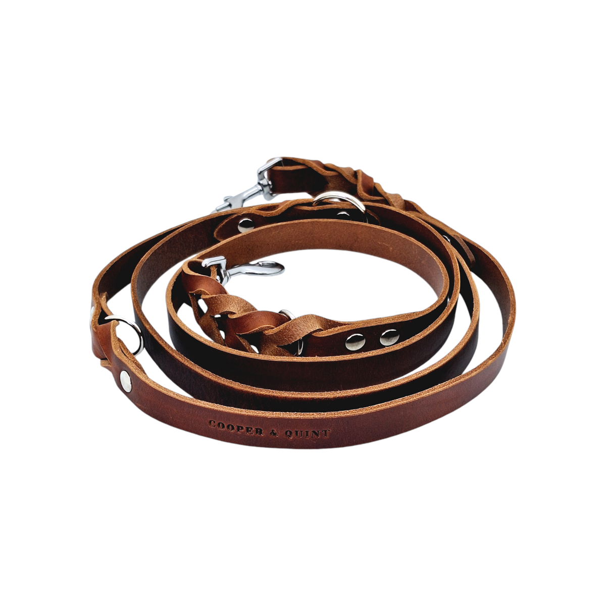 Brown Twisted Switch adjustable dog leash with braided accents and metal clips made from Italian vegetable-tanned full-grain leather