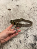 Afbeelding geladen in Galerij-viewer, Handmade custom leather click collar for dogs with personalized name and phone number tag in bronze fittings.