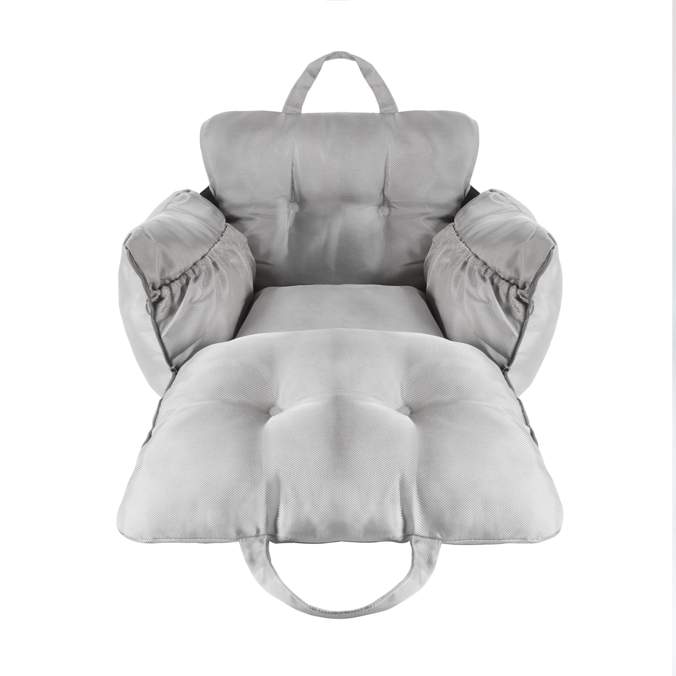 Luxury grey car dog bed with handles, extra padding, and water-resistant fabric for comfort and safety.