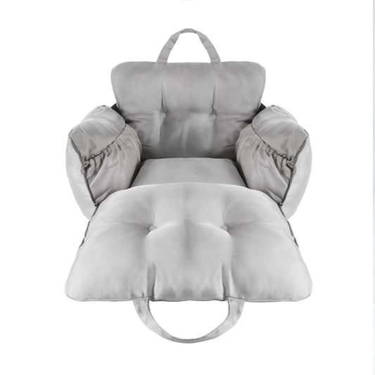 Luxury grey car dog bed with handles, extra padding, and water-resistant fabric for comfort and safety.