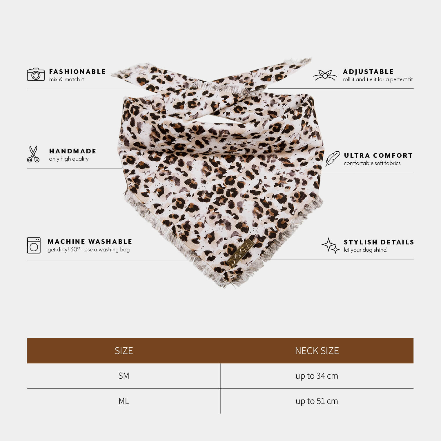 Honden bandana Leopard Brown
De DOGA Luxe Honden Bandana Leopard Brown is een stijlvolle en trendy accessoire om de persoonlijkheid en het uiterlijk van je hond te versterken. Deze bandana's ziDogawafwafHonden bandana Leopard Brown