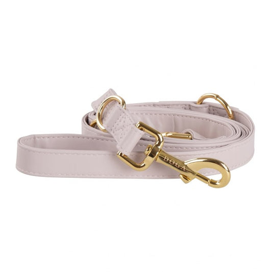Taupe vegan leather dog leash with gold clasps, stylish and durable.