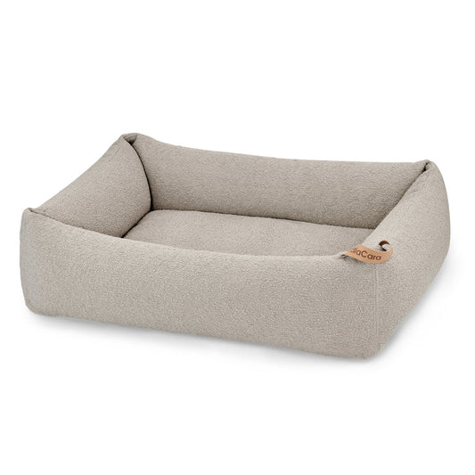 Luxury Hondenmand Mondo with bouclé fabric in neutral tone.