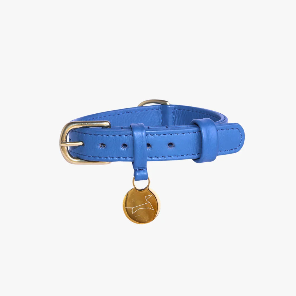 Denim Blue leren hondenhalsband met messing details en comfortabel zacht leer
