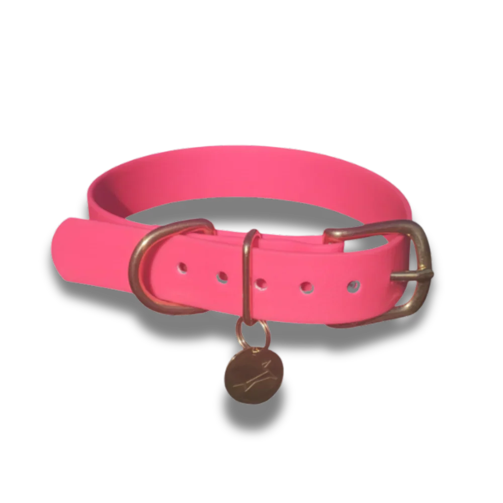 Waterdichte hondenhalsband neon roze met luxe gouden details en comfortabele pasvorm