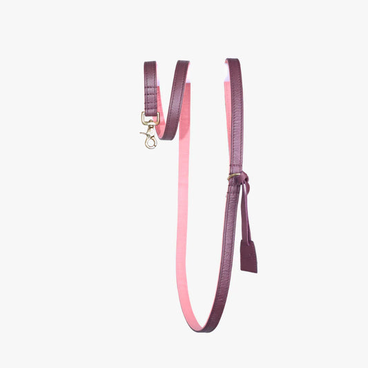 Twee-kleurige hondenriem van bordeauxrood luxe leer met messing details